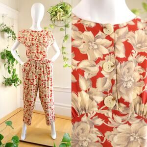Vintage 1980s Pants Suit 80s CAROLE LITTLE Floral Art Deco Orange Blouse Top Set
